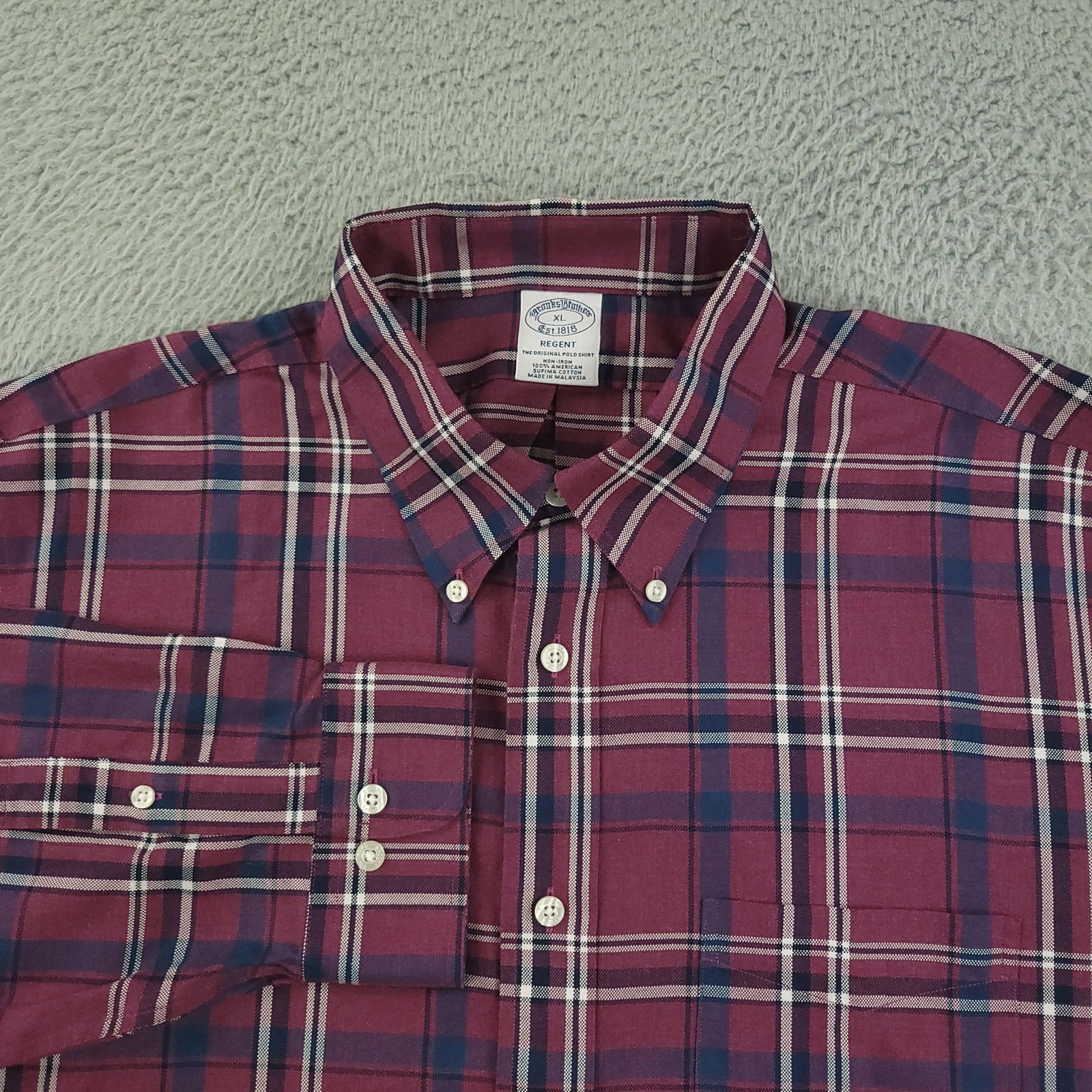 Brooks Brothers Dress Shirt Mens XL Red Plaid Regent Non Iron Supima Cotton