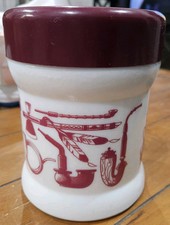 Vintage Milk Glass Fajka Kanister na tytoń z bordowym plastikowym uchwytem na fajkę Pokrywa