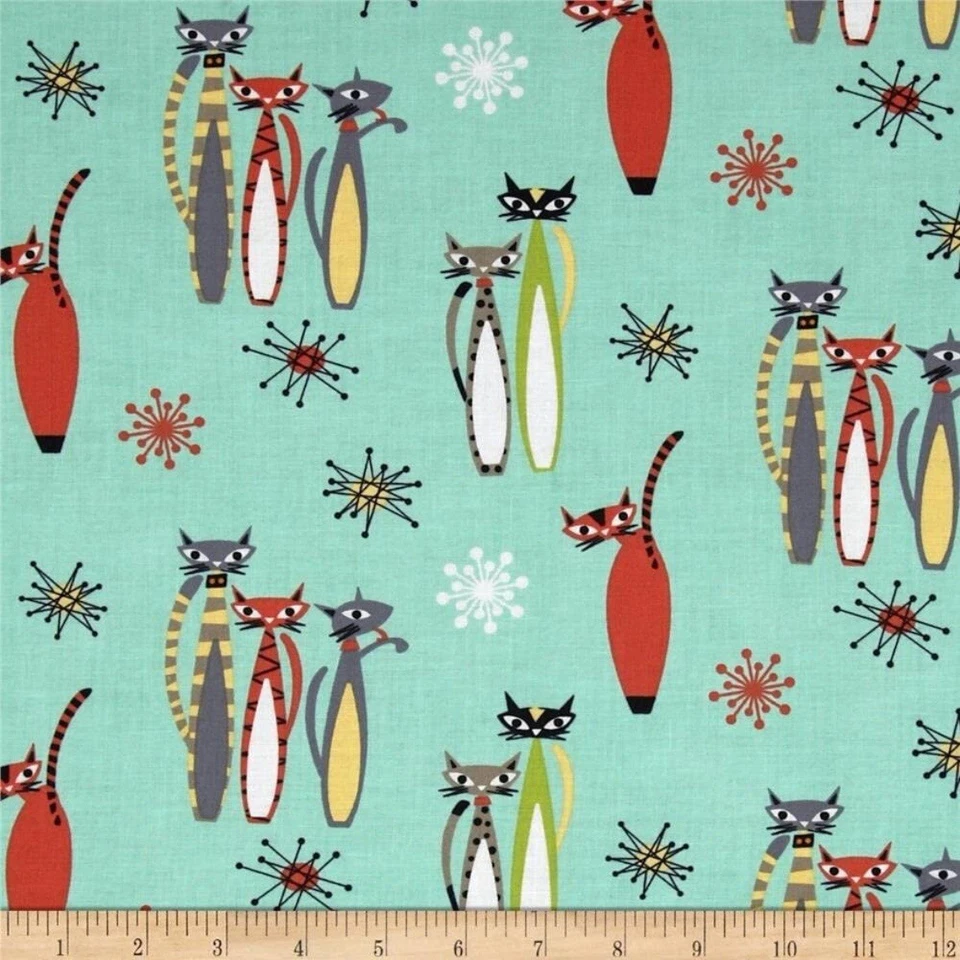 MICHAEL MILLER FABRICS Seafoam Atomic Tabby Cat Fabric by Michael Miller- CX6297- MCM Cotton BTY Cats