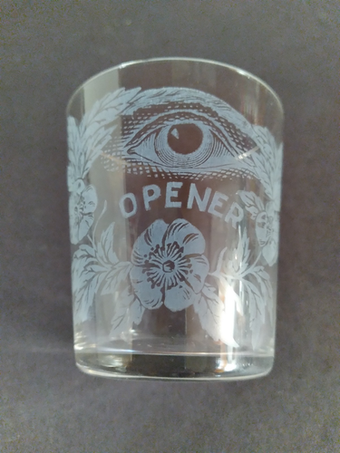 George Truog Eye Opener Pre-Pro Whiskey Shot Glass / Vtg Acid Etched Barware