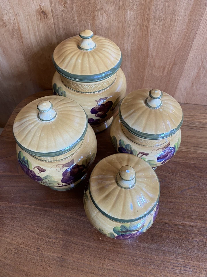 Juego de cuatro botes con patrón de uva Casa Vero por ACK esmalte dorado pintado a mano Foto 3 de 4