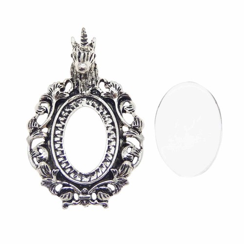 2 Stck. Vintage Silber Einhorn Design Einfassung Kamee Tablett Glas Cabochon Anhänger Charm - Bild 8 von 8