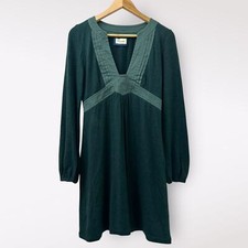 Vintage Emmelee Midi Dress Green Long Sleeve V-Neck Empire Waist Casual Formal