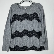 Loft Top Womens M Lace Detail Long Sleeves Gray W Black
