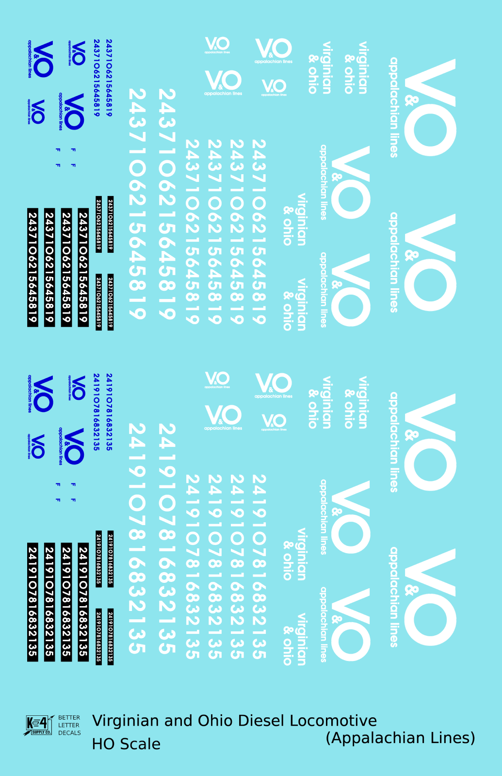 K4 HO Scale Decals Virginian & Ohio Diesel Locomotive Appalachian Lines