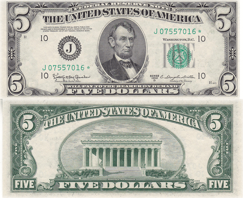 1950 D $5 Kansas City District Federal Reserve Star Note Fr 1965-J* Unc. #016 - Picture 1 of 3