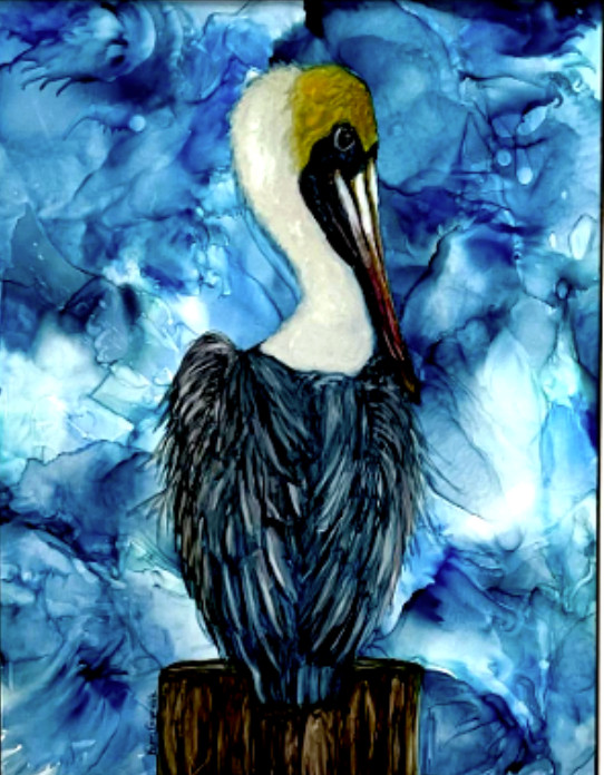PAINTING ALCOHOL INK ORIGINAL ART PELICAN GRAY WHITE BLUE BROWN 11X14 MAT 16X20