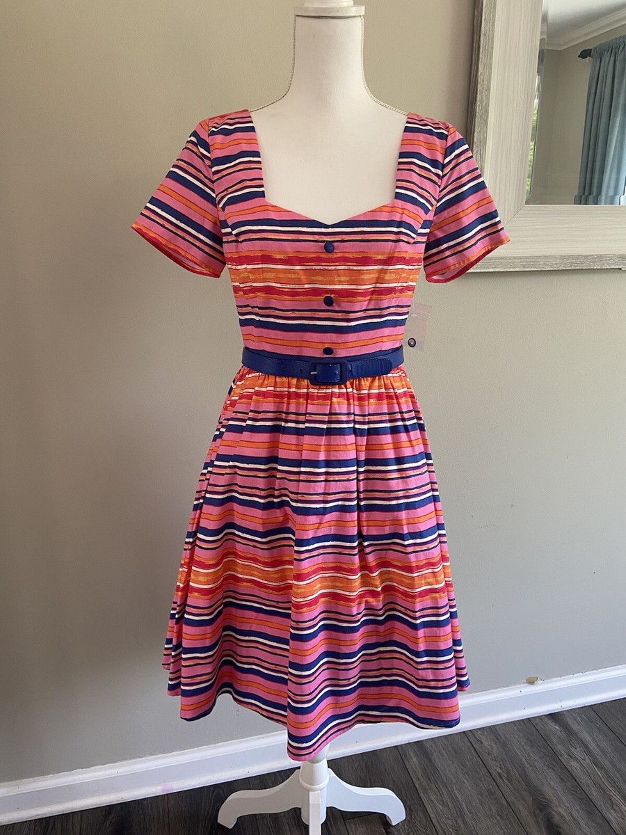 NWOT Modcloth Dress Fit Flare Belt Retro Pink Blue Orange Stripe Medium M New NWOT Modcloth Dress Fit Flare Belt Retro Pink Blue Orange Stripe Medium M New