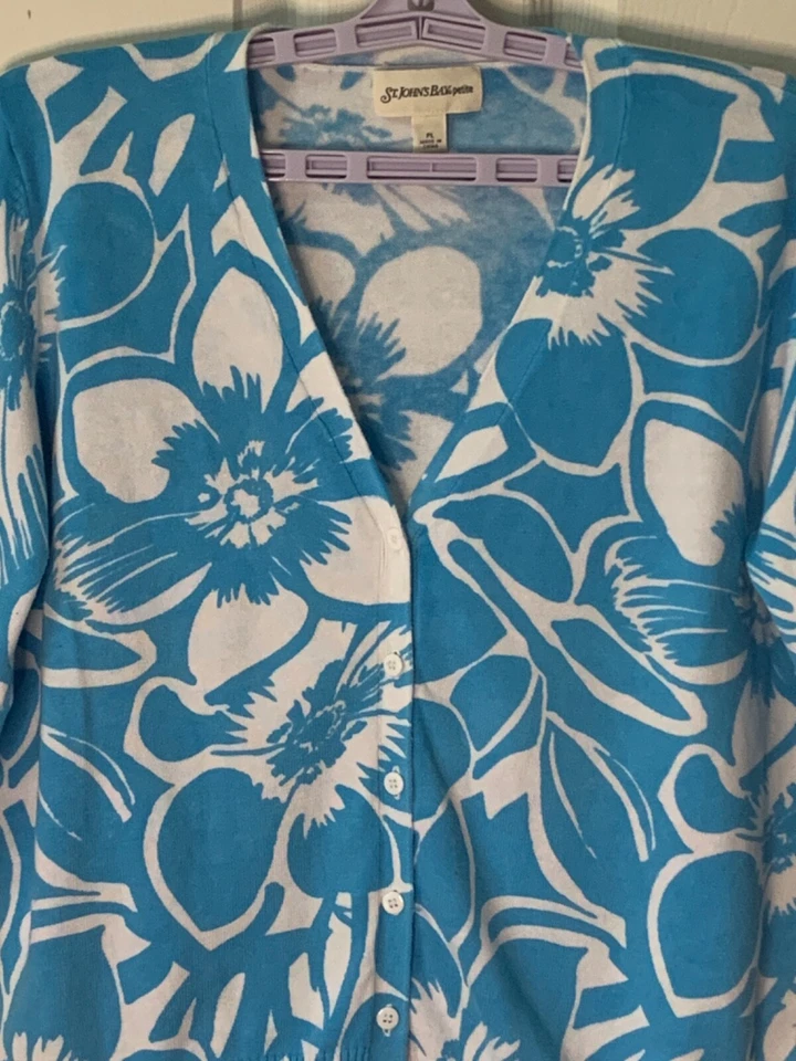 St John's Bay Cardigan Petite Large Blue 100% Cotton Summer Floral Knit Sweater - Image 2 of 4