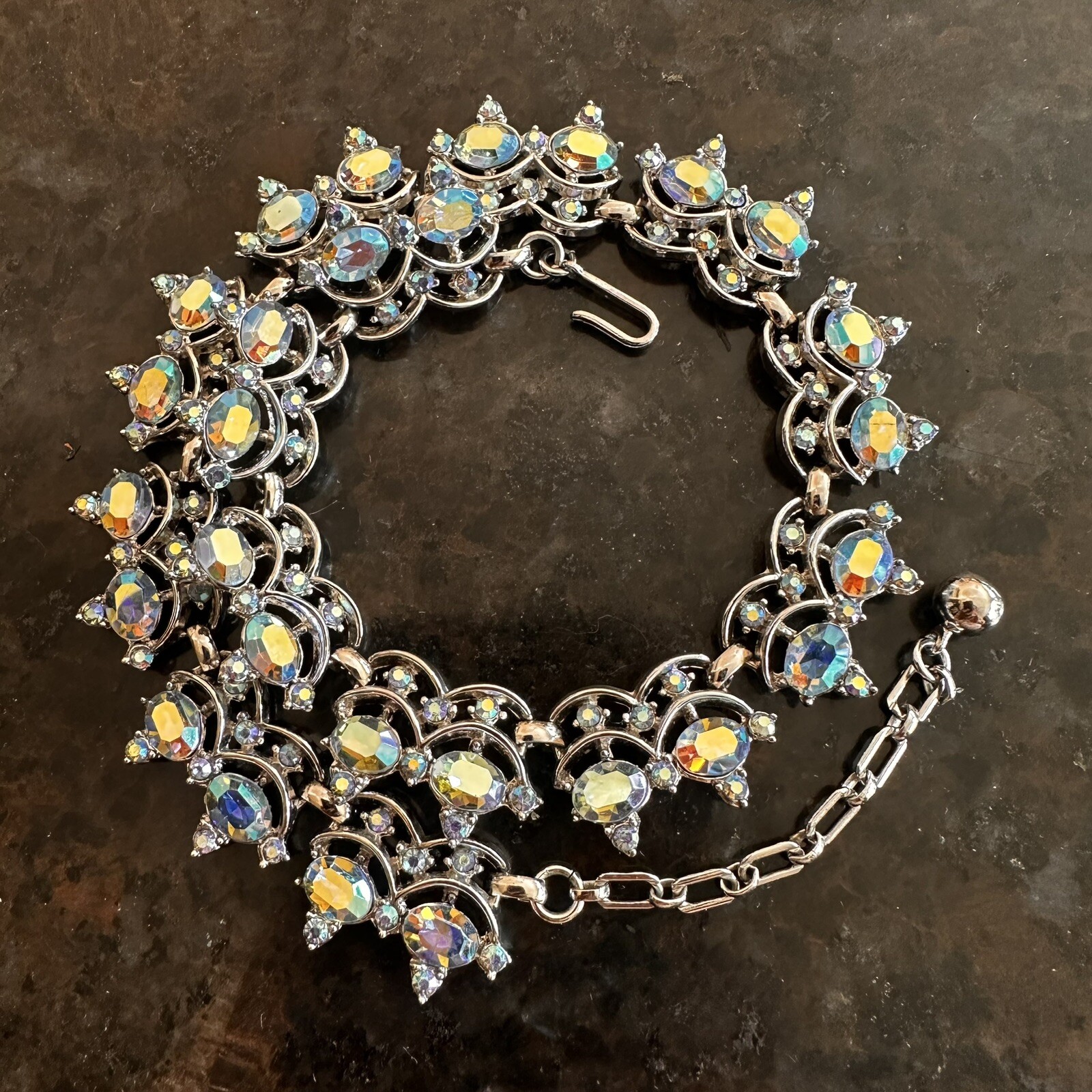 Rare Vintage Trifari Silver Tone Blue AB Rhinestone Choker Necklace