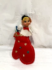 Vtg MCM Shiny Brite? Pixie Elf Knee Hugger Glove Christmas Ornament Felt Japan