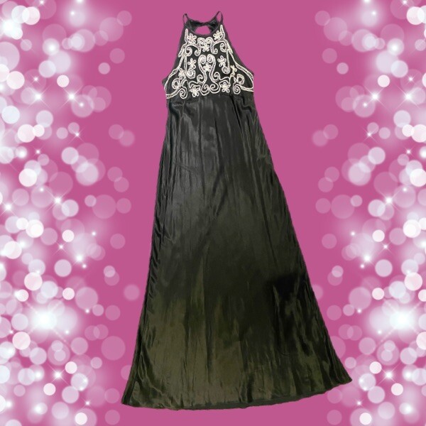 zum zum halter dress Vintage 1990s Black & Silver Embroidered Floral Maxi Size L September '26 Collection