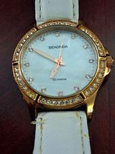 Sekonda Ladies Quartz Wristwatch Gold-Tone Gem Set White Dial Strap 50m