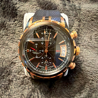 Edox Grand Ocean Automatic Chronograph Tachymeter Date Black Dial 300m Strap