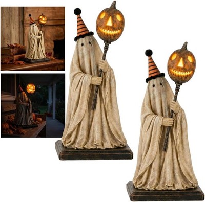 Lighted Vintage Ghost Figurine with Glowing Pumpkin Halloween Decorations