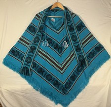 Vintage Tejidos Diaz Poncho One-Size Turquoise Boho Fringe Made in Ecuador