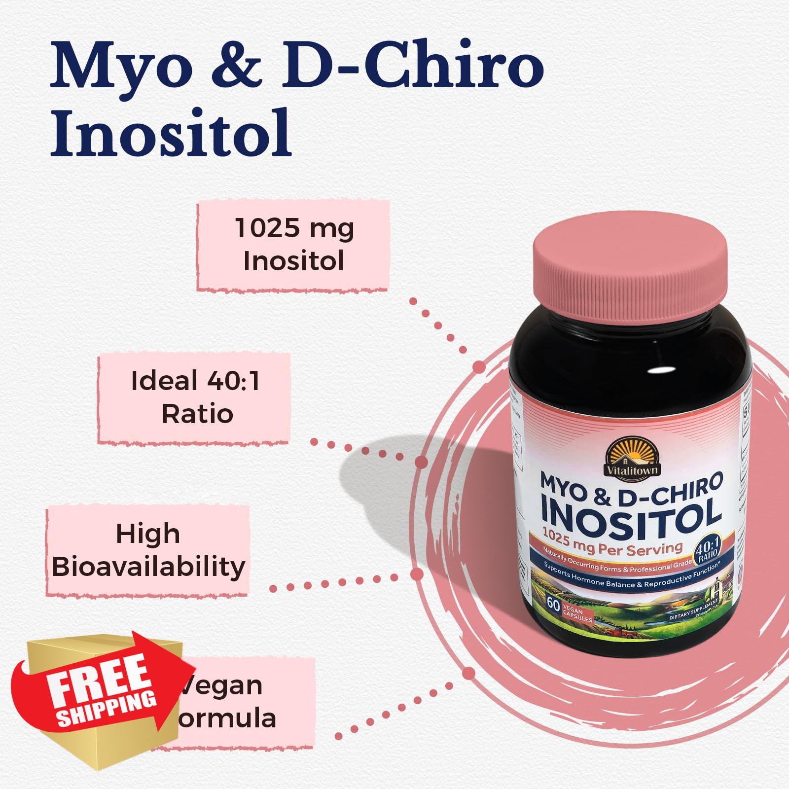 Vitalitown Inositol Supplement for Women, 40:1 Ratio, Hormone Balance, 60 Caps