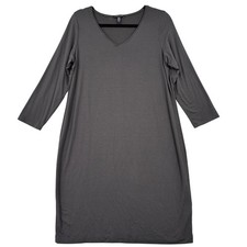 Eileen Fisher Tee Shirt Dress Size L Black Viscose Stretch 3/4 Sleeve V Neck