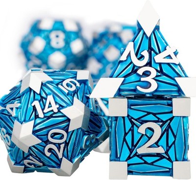 ORIFANTOU 7PCS Metal DND Dice Set with Box, Debris RPG Blue and Silver