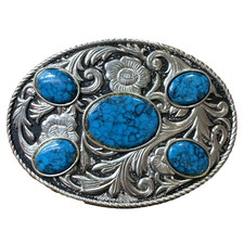 Vintage Western Floral Turquoise Stone Belt Buckle   Oval Southwestern Design