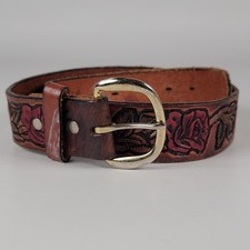 Vintage Western Leather Belt Hand Painted Carved Red Roses Tooled Floral Boho 30