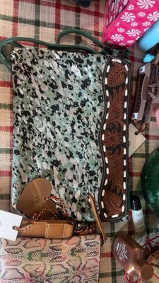 MYRA Women's Green Brown Animal Print Shoulder Bag with Tooled Leather Accent