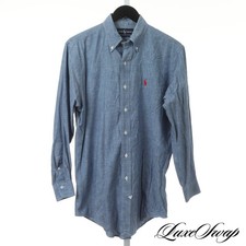 Vintage Polo Ralph Lauren Solid Denim Chambray Blue Slubby Pony Shirt 15 NR #1