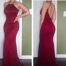 Trixxi Dress Womens Sz 5 Red Lace Halter Maxi Open Back Formal Mermaid Gown Y2K