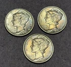 2) 1942-P 1945-P  Mercury Dime - AU - Unc - 90% Silver - 3 Coin Lot Toned