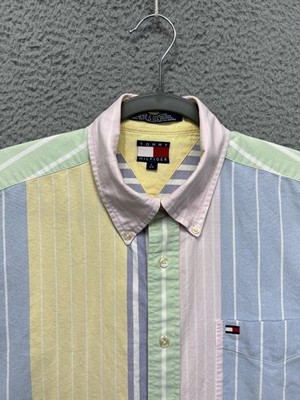 Tommy Hilfiger Shirt Mens Large Pastel Colorblock Stripe Oxford Short Sleeve