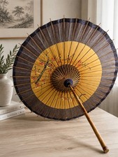 vintage antique Asian rice paper and bamboo parasol umbrella hand painted