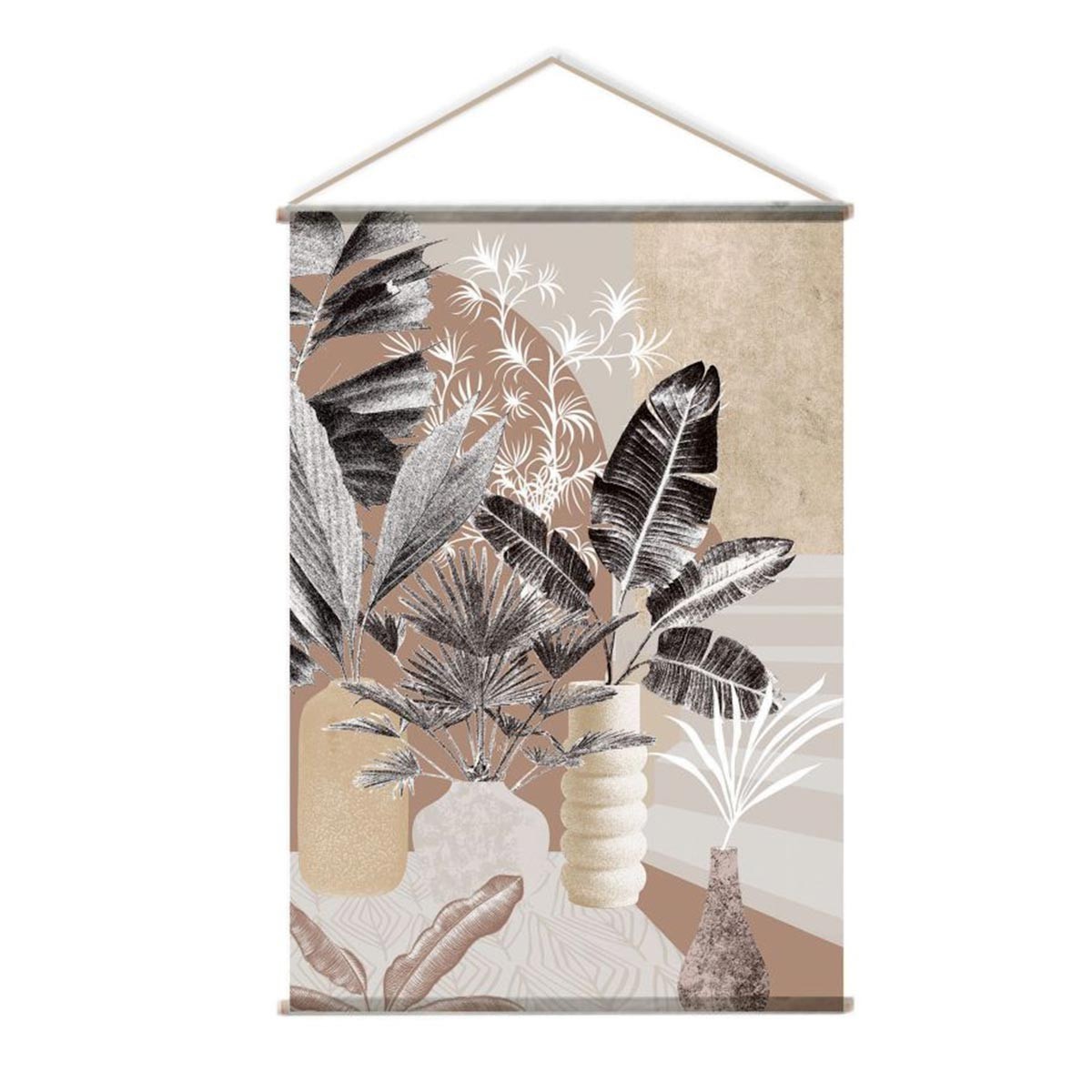 Toile murale florale multicolore 90x130cm avec suspension en bois naturel