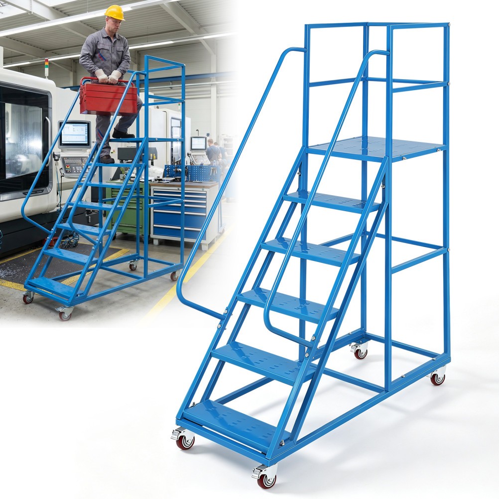 6 Steps Rolling Industrial & Warehouse Ladder with Safety 3 Side Handrails 51"