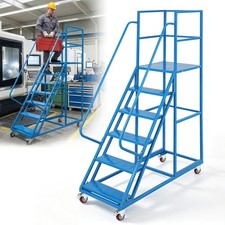 6 Steps Rolling Industrial & Warehouse Ladder with Safety 3 Side Handrails 51"