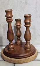 Vintage Wooden 3-Taper Candle Holder with Brass Inserts Rustic Table Decor