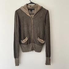 Y2K Cashmere Blend Knit Hoodie Zip Up Brown Tan Ribbed Retro Streetwear XS