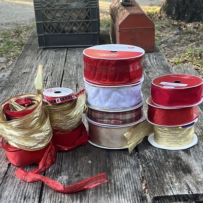 Celebrate It Wire-Edged Christmas Ribbon Spools Red Gold White Plaid Glitter Lot