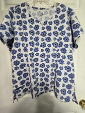 JOCKEY Scrub Top Size XL-Blue/White Floral Notched V-Neck-Chest 25"/L 26.5"