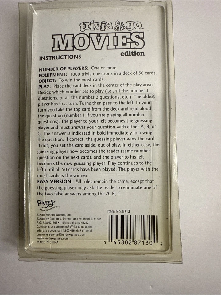Trivia on the Go Movies Edition Fundex 2004 Sealed Card Game 1000 Questions - Image 2 of 3