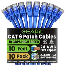 10ft Cat 6 Ethernet Cable Pack, Pure Copper, Snagless & Gold-Plated Connectors