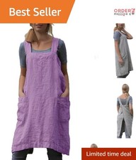 Cotton Linen Apron Women Pockets Cross Back Kitchen Cooking Baking Dress
