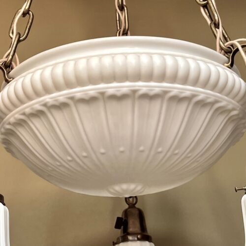 Vintage 1920s Gravity Bowl Pan Chandelier With Milk Glass Shades - Restored! - Picture 4 of 12