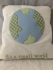"It's a Small World" Pillow Cushion Green Blue White 100% Cotton Square 15"  T22