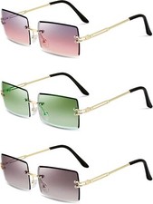 3 Pairs Rimless Rectangle Sunglasses Gray Pink, Dark Green, Gradient