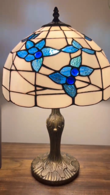 Tiffany Style Table Lamp White Stained Glass Blue Flowers LED Blub