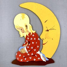 1960er Holz Wandfigur Mertens-Kunst Mond Mädchen Nachthemd Puppe 20cm Vintage