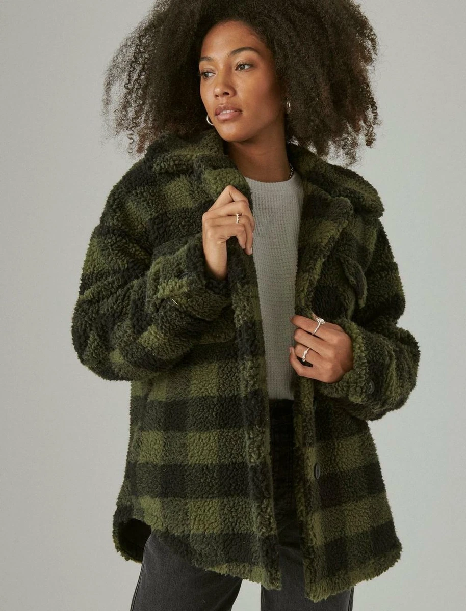 Lucky Brand Faux Sherpa Fur Plaid Coat Jacket Size XS X-Small