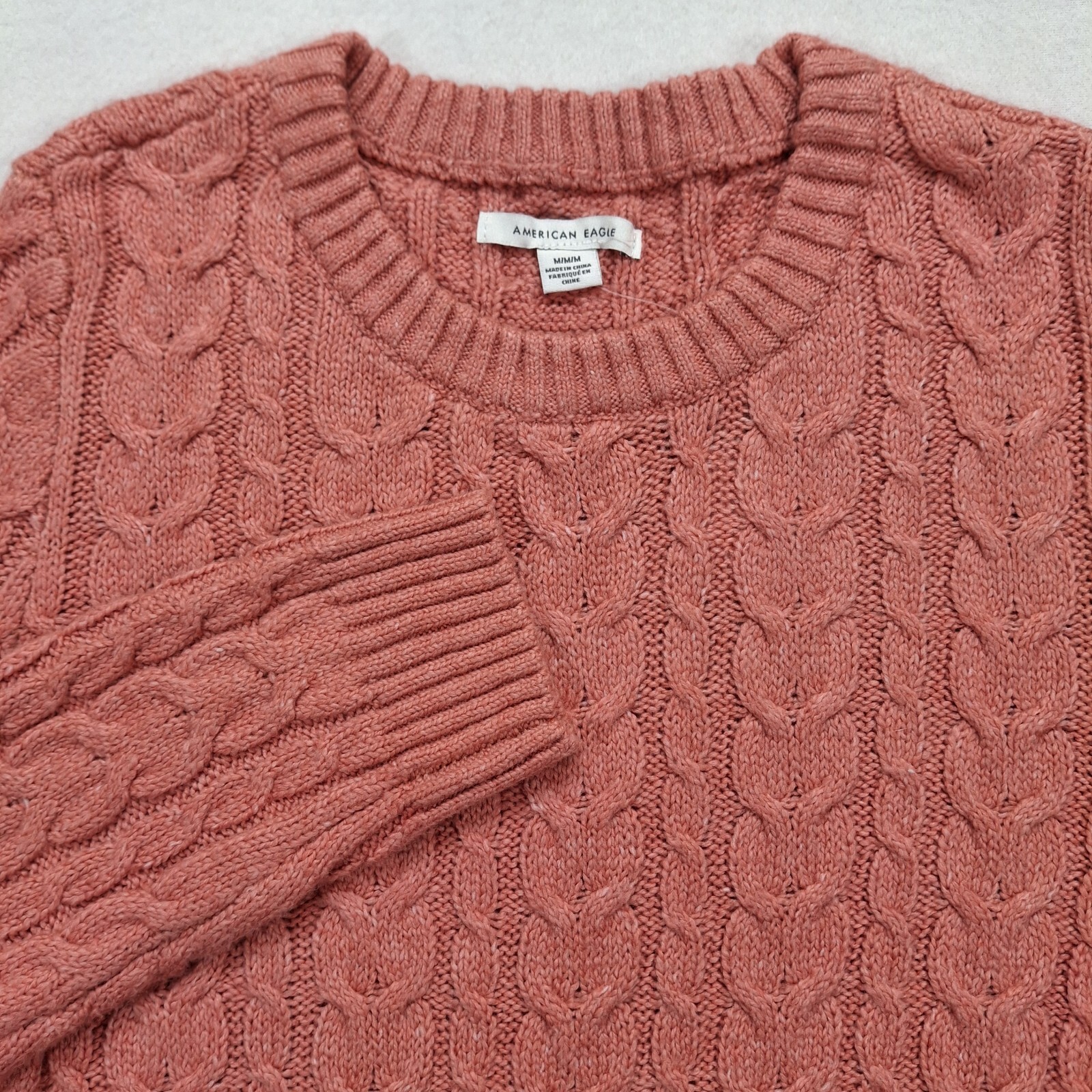 American Eagle Cable Knit Sweater Women Medium Coral Pink Soft Crew Neck