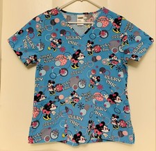 Disney women  s S small Minnie Mouse Blue Geeky Chic Smart Scrub Top Nurse Vet