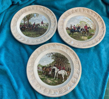 Royal Worcester Palissy Spode Hunting Scene Plates x3 Embossed Edges  9.25" d